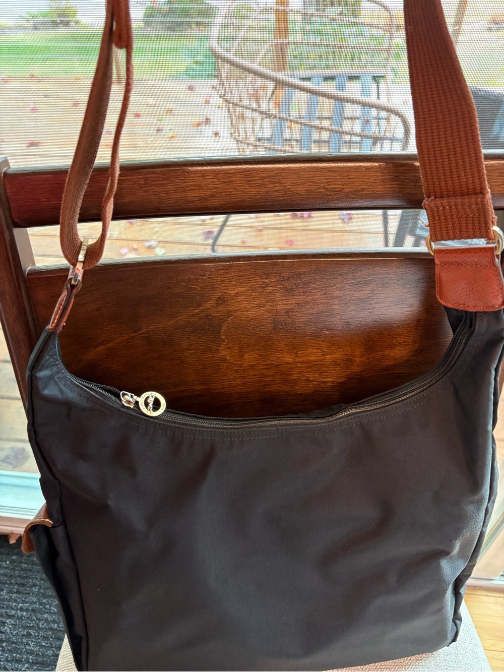 Longchamp Black Nylon Shoulder Bag with Brown Trim - Women's Shoulder Bag - Picture 2 of 3
